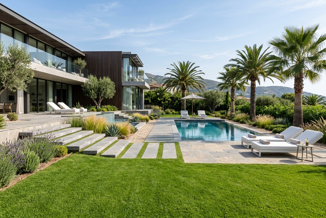 Villa com piscina e relvado plano