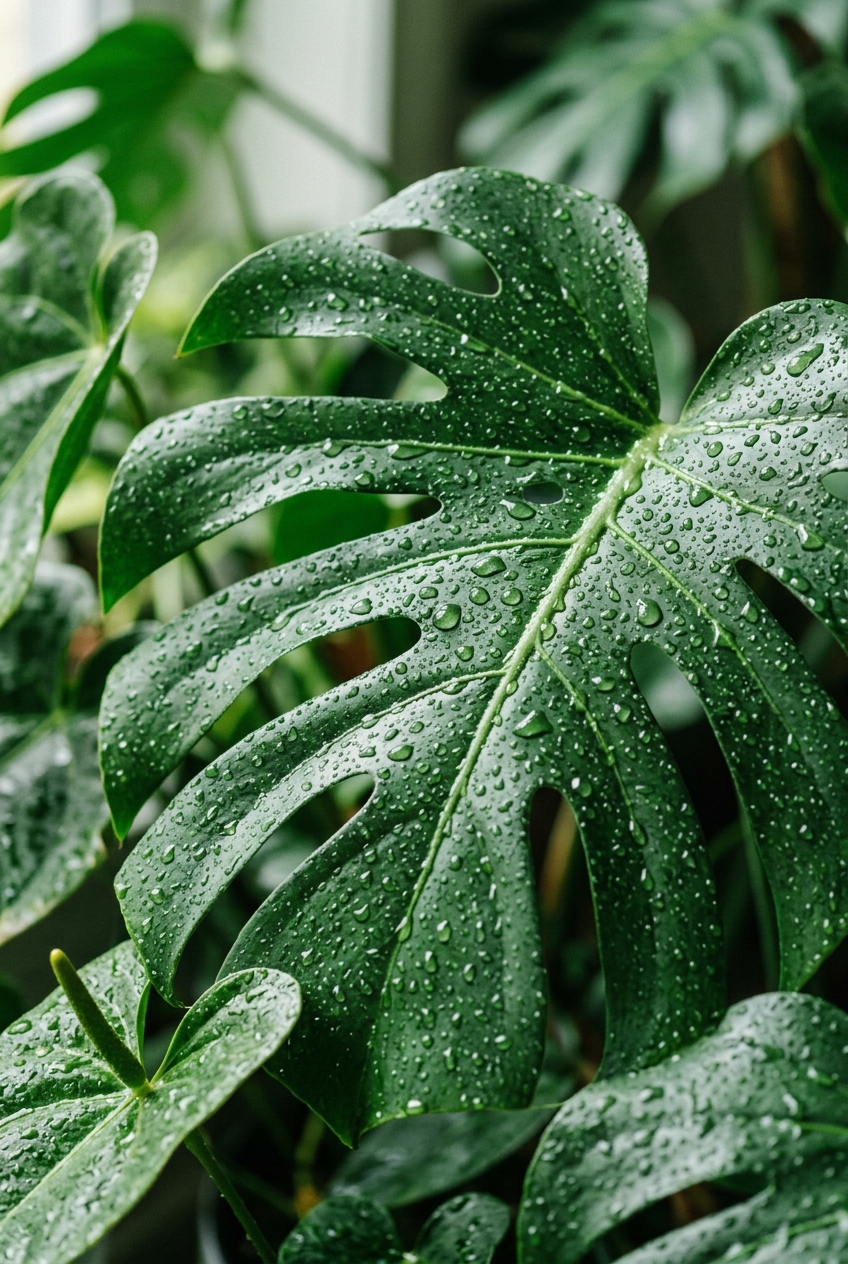 Folhas verdes tropicais com gotas de água
